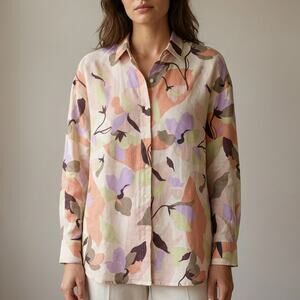 Jimmy Key Floral Linen Blend Button Down Shirt, size M